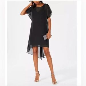 Adrianna Papell Black Chiffon Midi Dress Flutter Sleeve Large